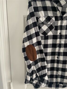 Cavalini Black and White Plaid Button-Down Shirt with Brown Elbow Patch